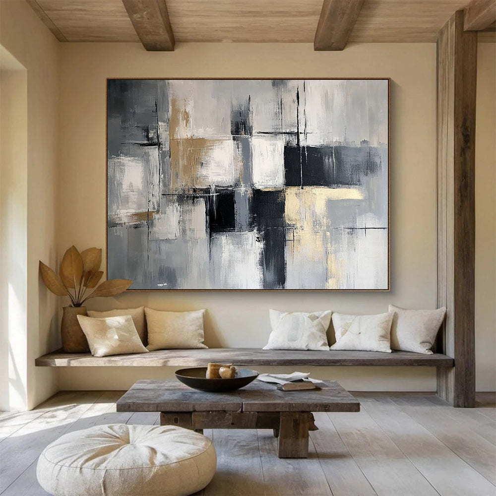 “Monochromatic Geometric Abstract” - Gray, white, beige, black; Geometric abstract in monochromatic tones; Acrylic Painting On Canvas HB1249