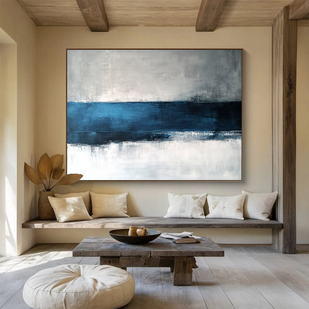 “Blue - Gray Horizon” - Blue, Gray, White, Minimalist Abstract Landscape Painting On Canvas HB1064