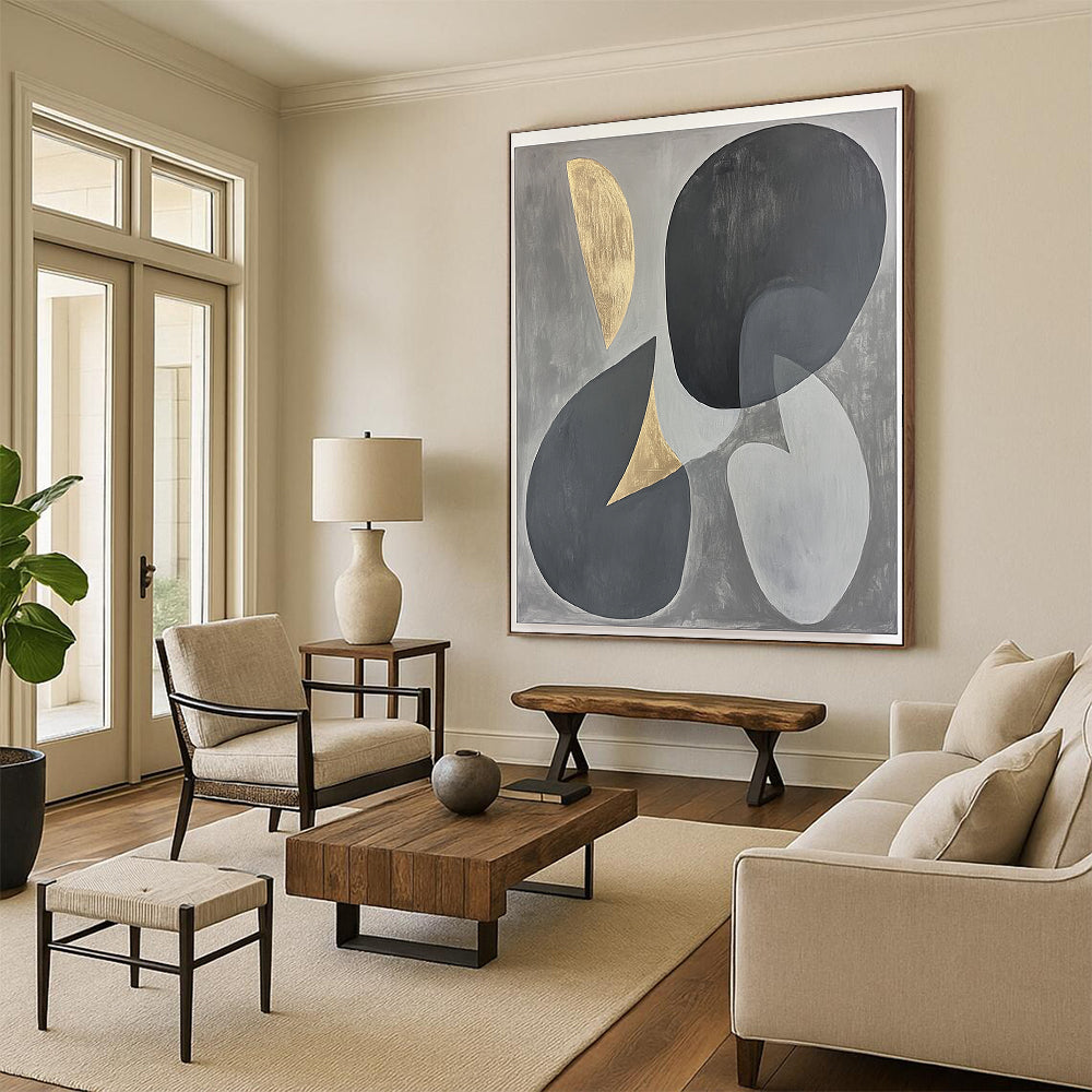 Gray, Black, Gold and Silver Geometric Abstraction "Energetic Geometry" Painting On Canvas HB399