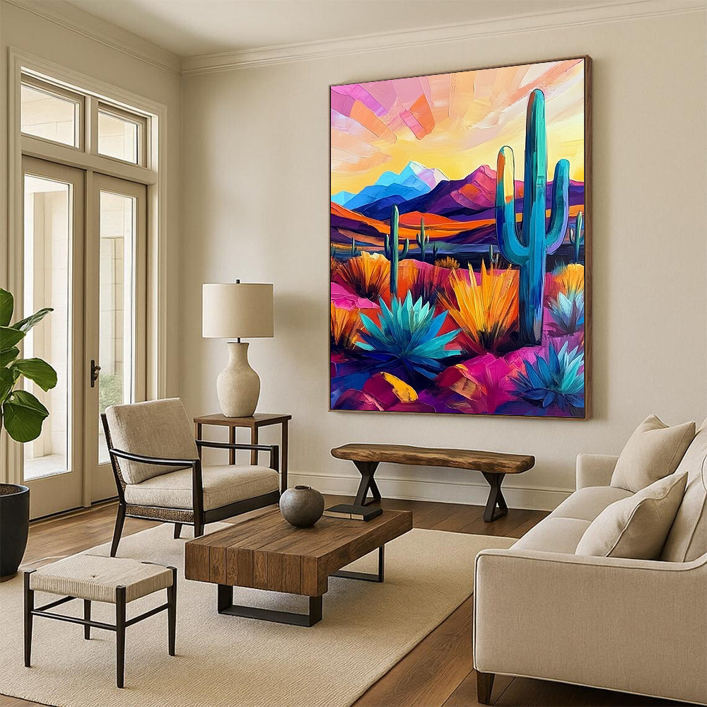 Vibrant modern abstract painting showcasing the Arizona desert with cacti and mountains in bold pink, blue, purple, yellow, and orange hues. DLZ1124