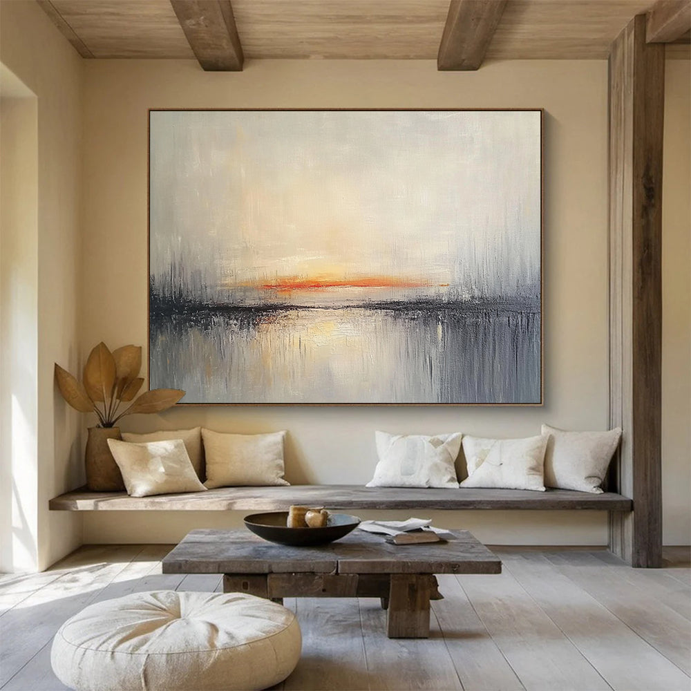 “Sunset Reflection” - Gray, Orange, Tranquil Sky and Water Painting On Canvas HB0936