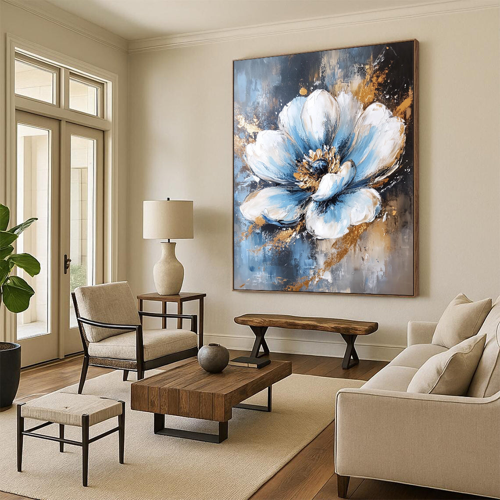 Contemporary abstract painting featuring a white and blue flower with elegant gold foil accents against a rich dark gold background. DLZ1677