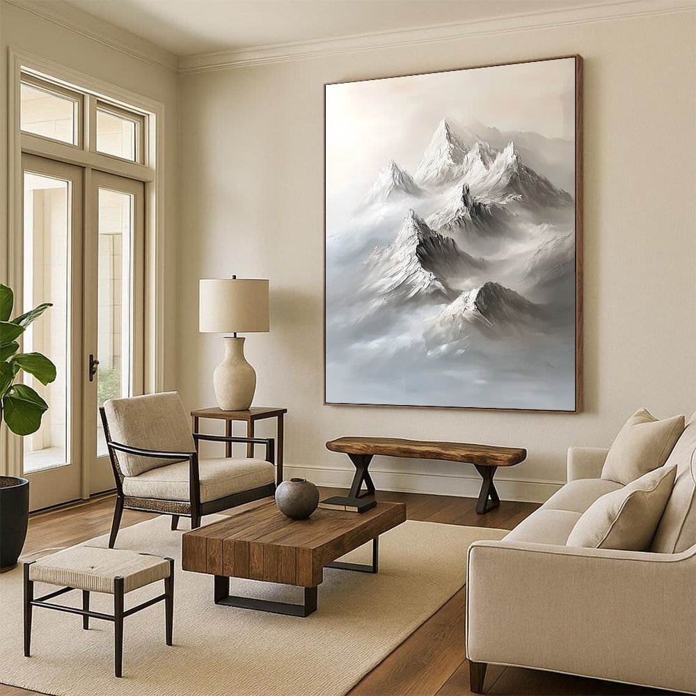 Abstract contemporary artwork featuring a large snow-capped mountain range in a minimalist gray palette with bold brushstrokes and ethereal fog. DLZ1289