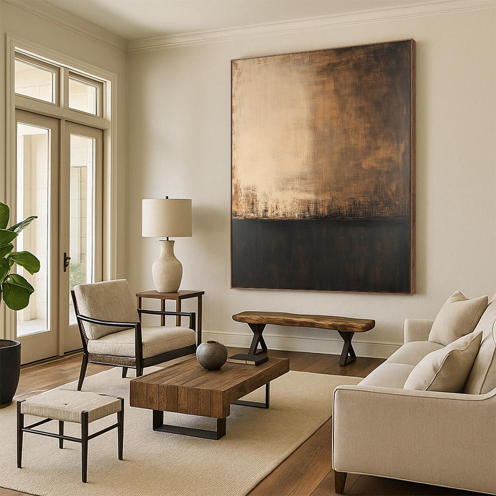 Large contemporary hand-painted abstract artwork featuring soft edges dark tones and a solid color base with a delicate transparent texture. DLZ0368