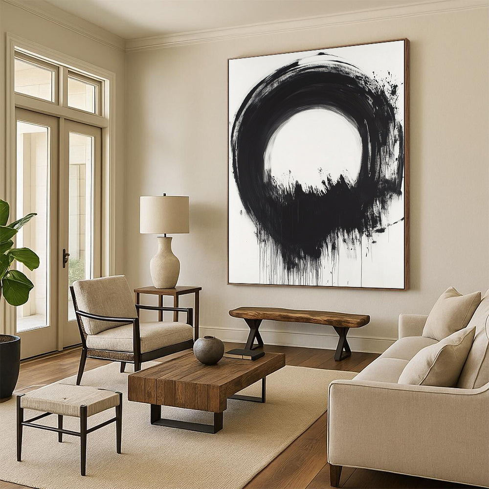 Black Circular Brushstroke with Dripping Paint - “Melting Enso” Painting On Canvas HB247
