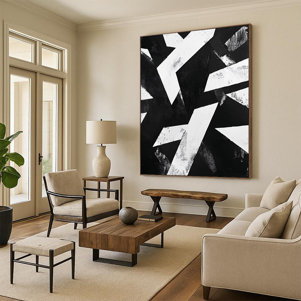 Black and White Geometric Abstraction "Dynamic Contrast" Painting On Canvas HB393