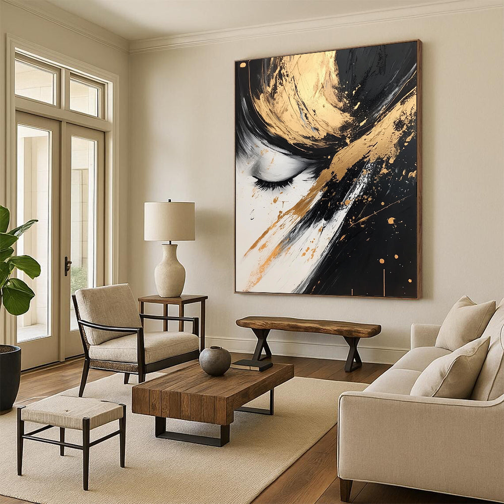 Contemporary hand-painted abstract art featuring dynamic black, white, and gold splashes creating an elegant and beautiful visual experience. DLZ0323