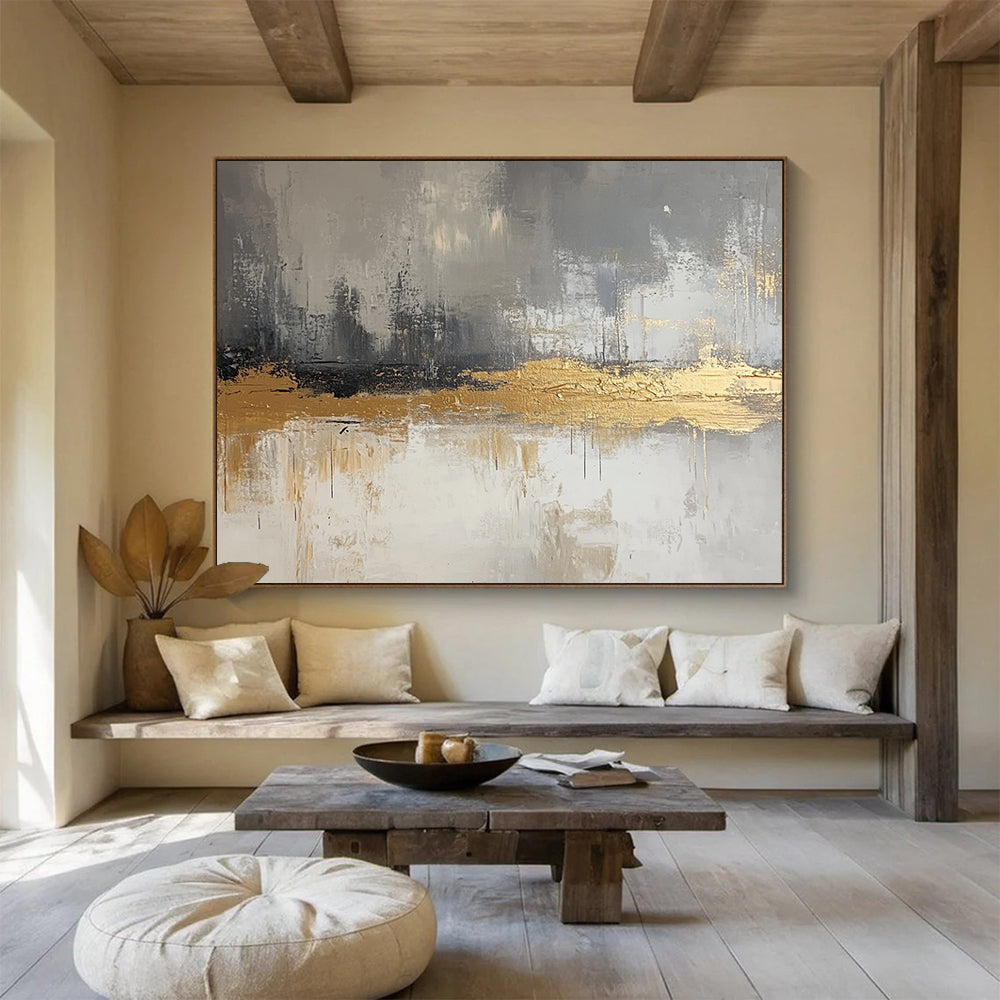 “Gilded Gray Layers” - Gray, Gold, White, Textured Abstract Layers Painting On Canvas HB1053