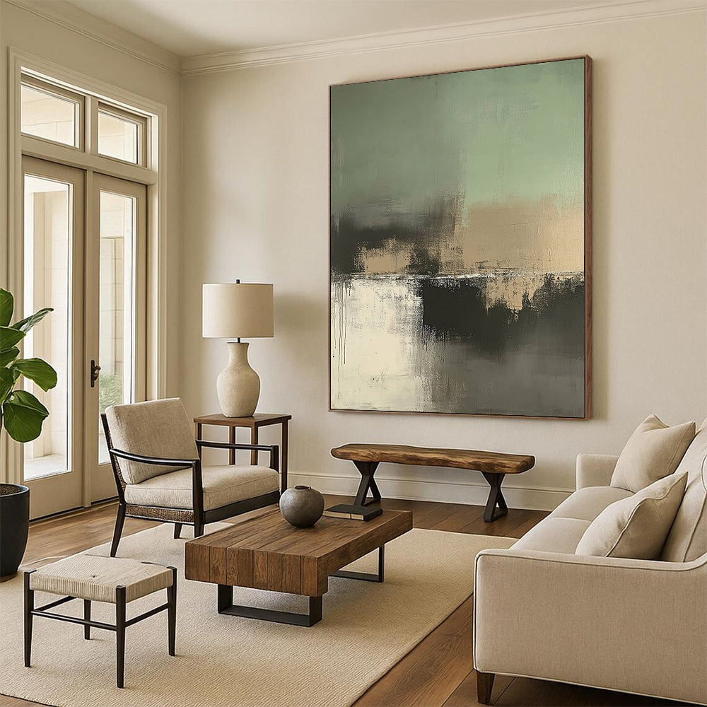 Large contemporary hand-painted abstract artwork featuring soft sage green, beige, and gray tones for a serene and sophisticated aesthetic. DLZ0442