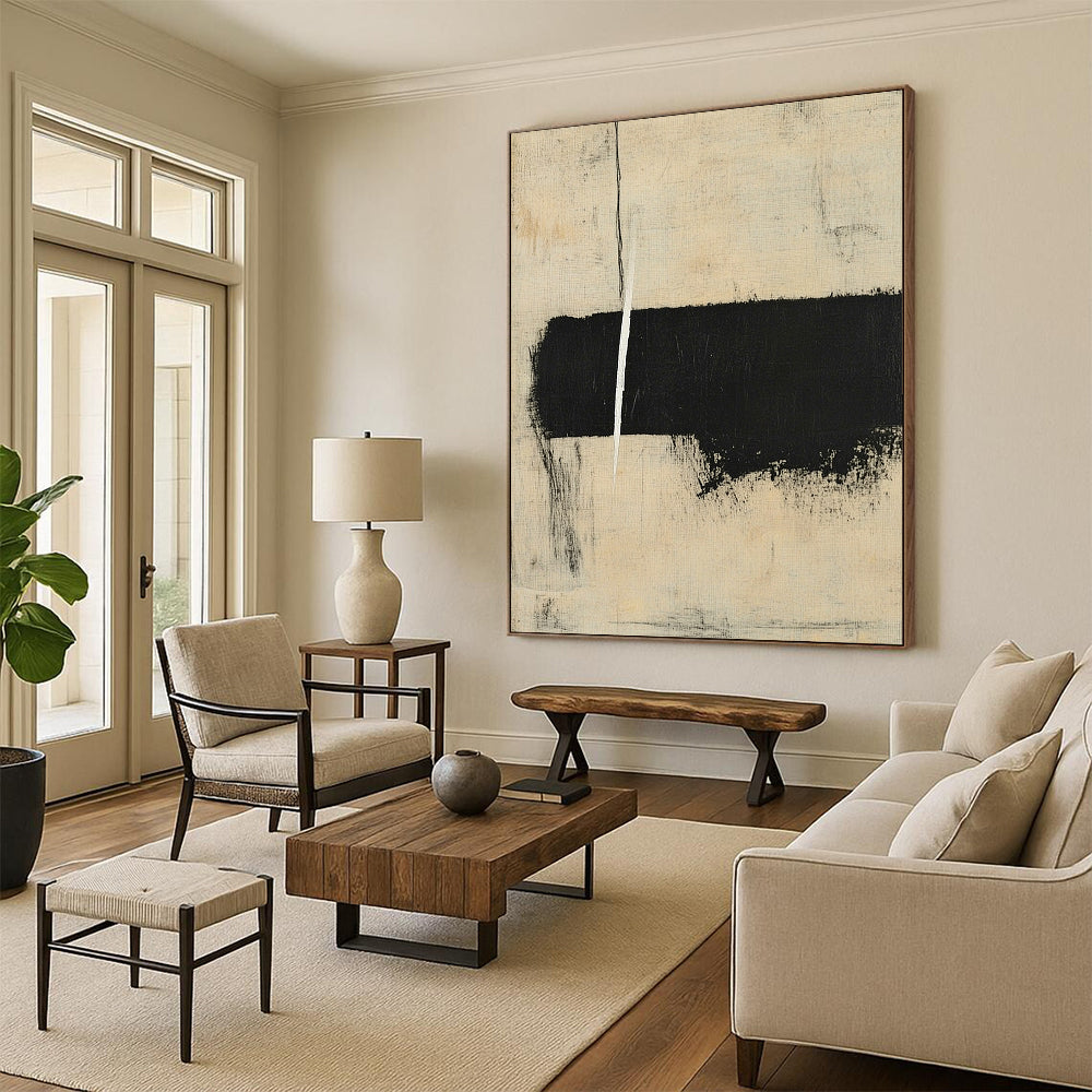 Large contemporary hand-painted abstract art featuring minimalistic shapes and brush strokes in black and beige with ample negative space. DLZ0941