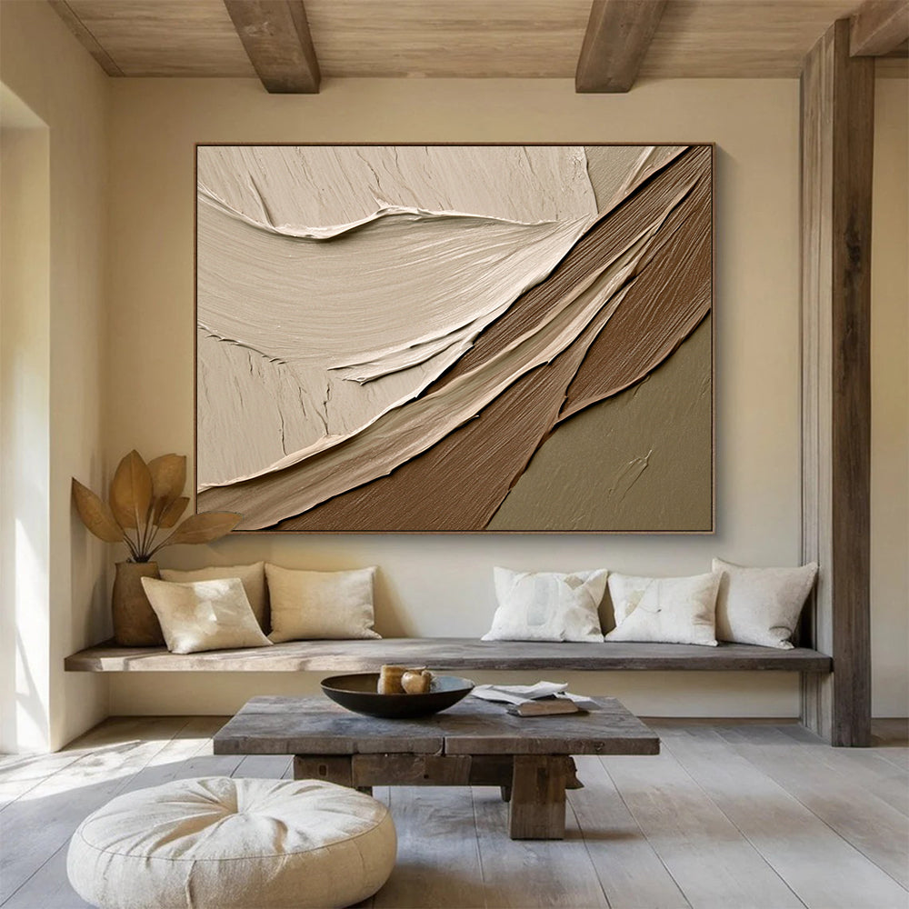 “Neutral Textured Waves” - Beige, Brown, Gray, Smooth Plaster - like Layers - Mixed Media HB1633