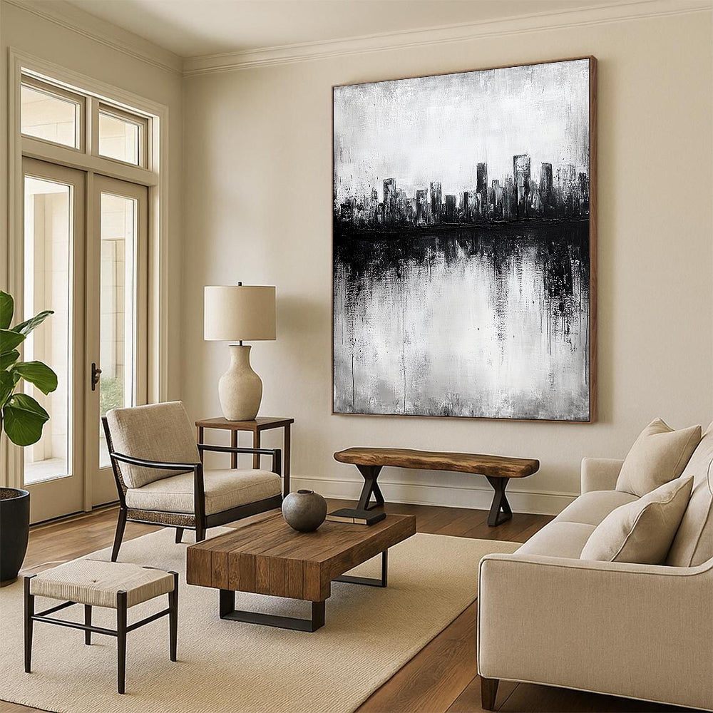 Contemporary abstract painting with textured canvas showcasing a city skyline reflected in a lake, featuring dark gray tones in a striking black and white palette. DLZ0299