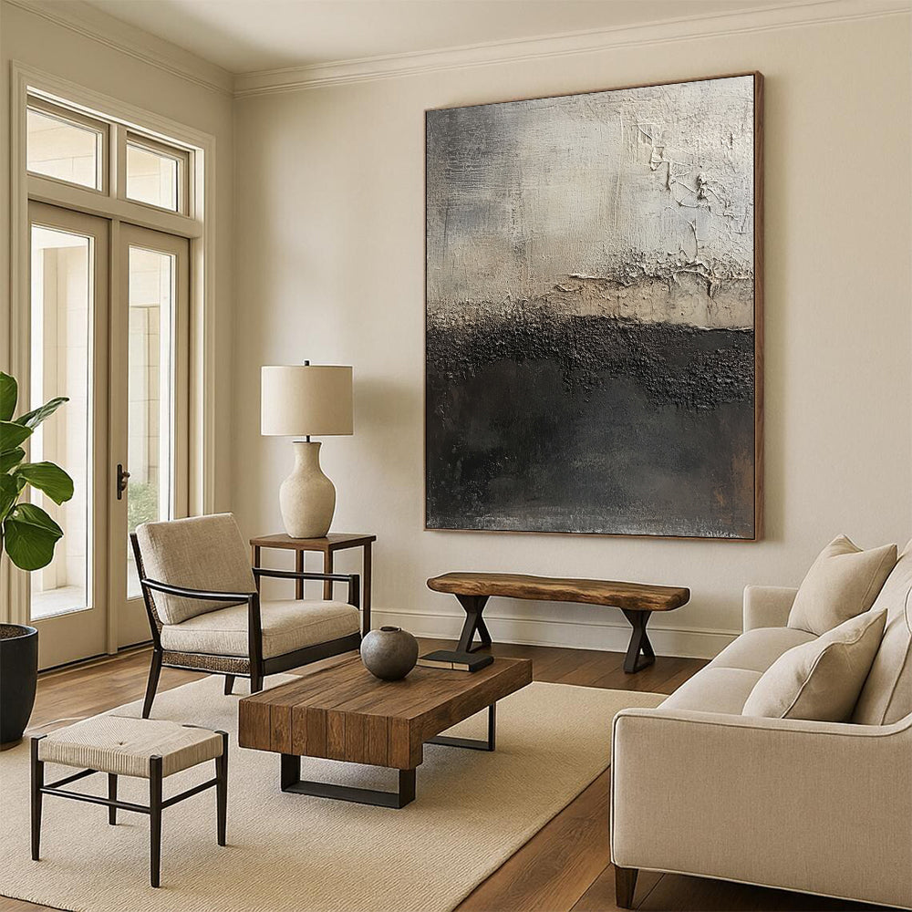 Contemporary large hand-painted abstract artwork featuring dark gray and light brown textures highlighting decay against an abstract dark gray and white background. DLZ1295
