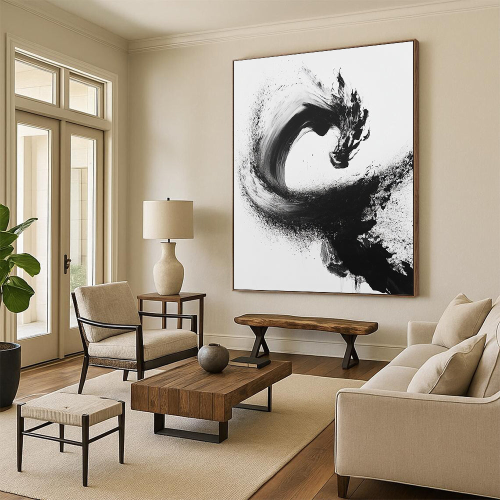 Black Curved Brushstroke with Splatter - “Flowing Enso Energy” Painting On Canvas HB245