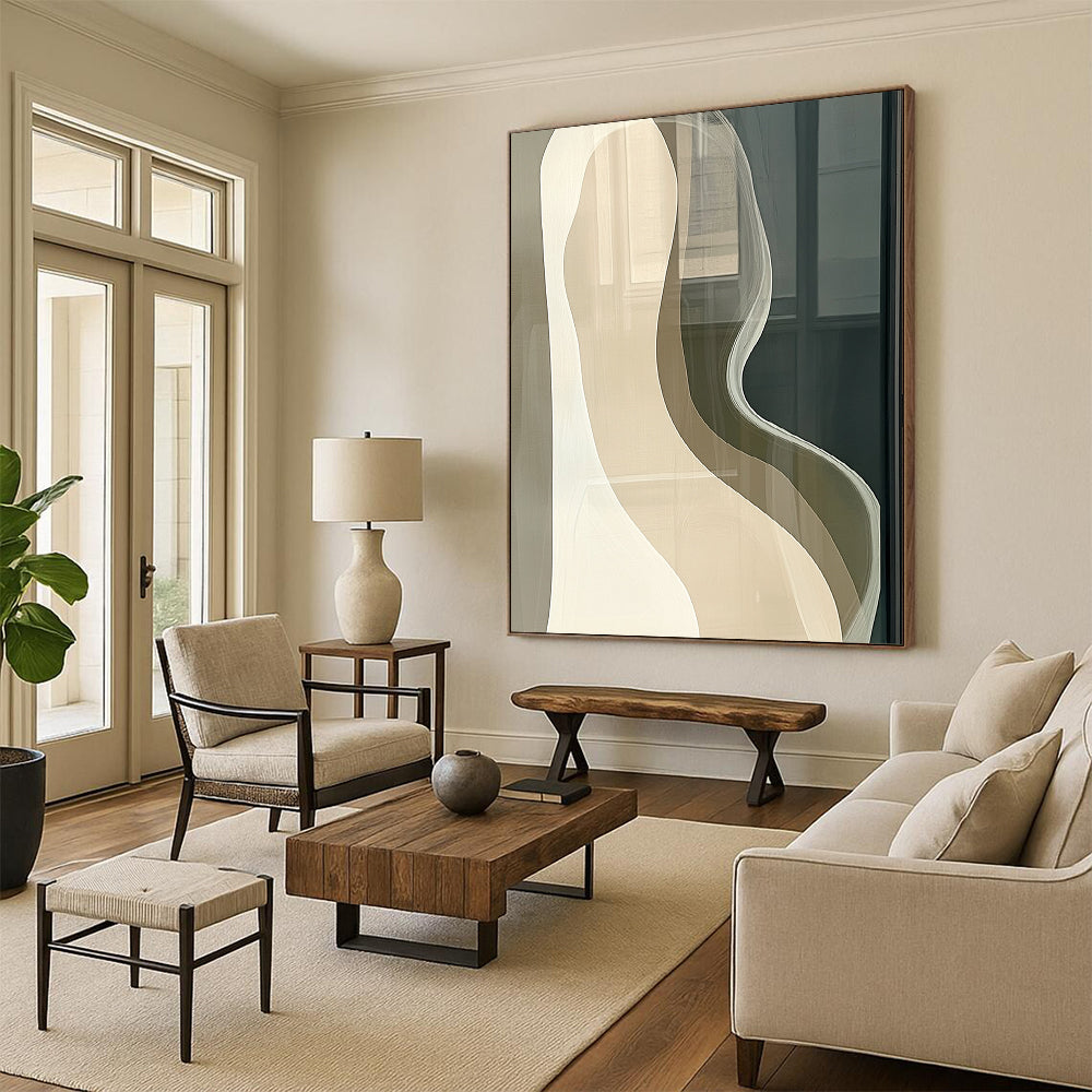 Large contemporary hand-painted abstract artwork features beige and white curved lines on a dark gray background, evoking calm minimalism for modern interiors. DLZ1189