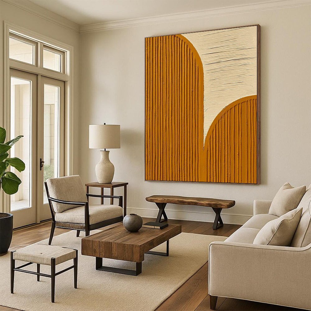 Contemporary abstract artwork featuring textured wood grain patterns in yellow and gold against a white backdrop embodying tranquility and harmony. DLZ1345