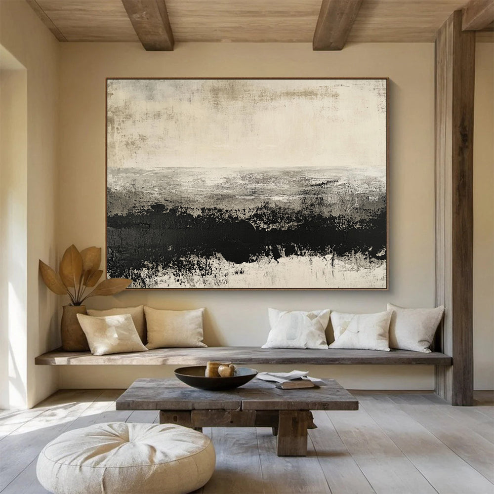 “Grayscale Textured Landscape” - Black, White, Gray, Textured Fields Painting On Canvas HB0800