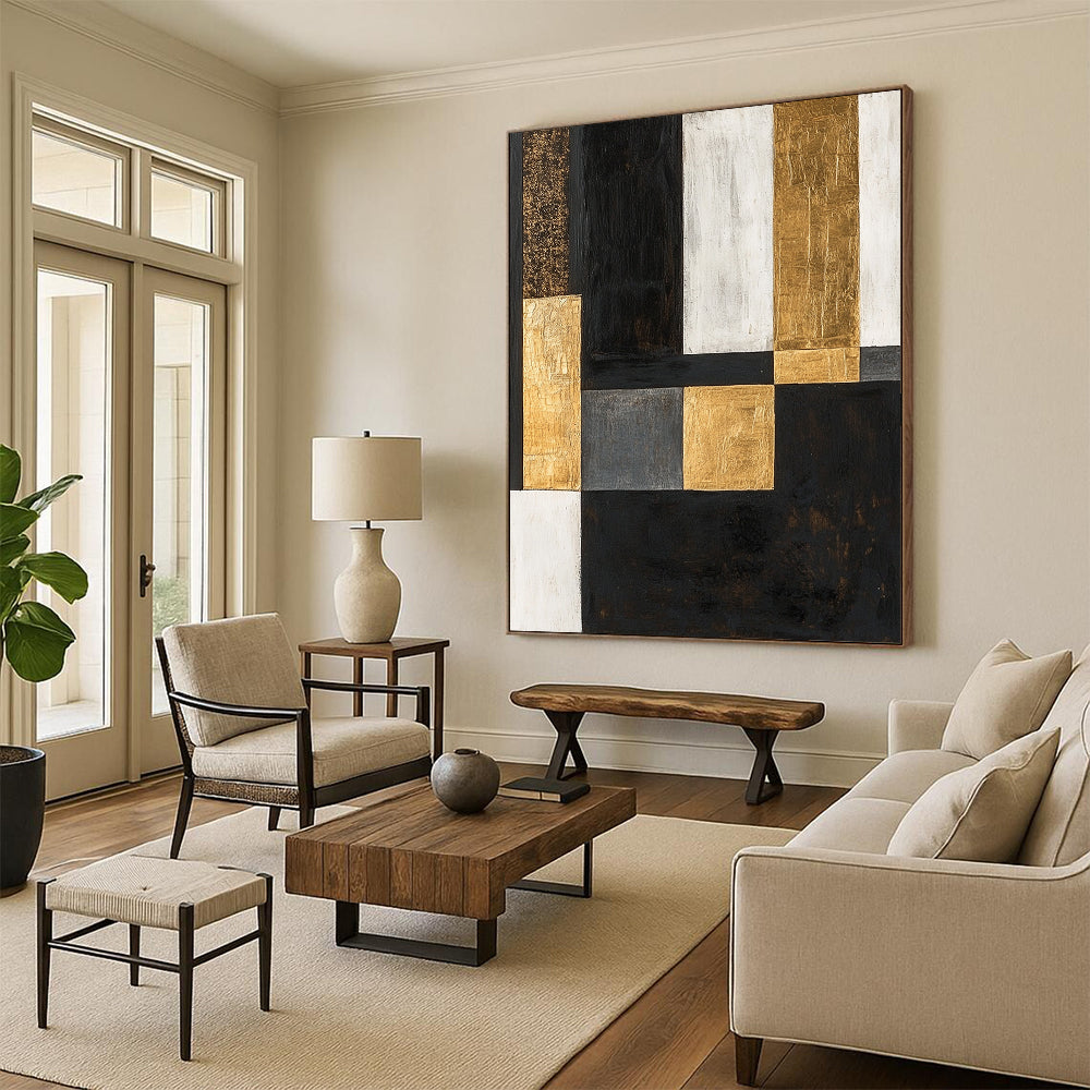 Black, White, Gold, Gray, Patchwork Squares "Urban Gilded Patchwork" Abstract Modernist Painting On Canvas HB156