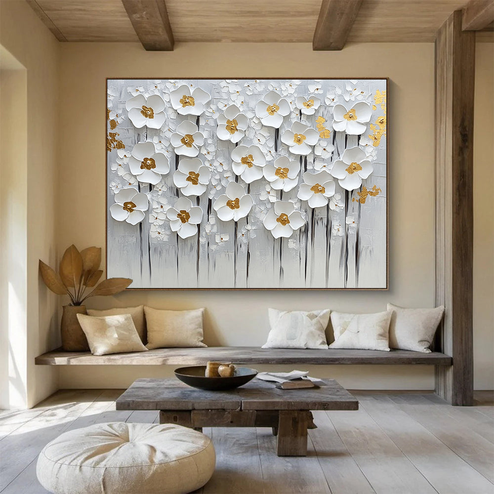 “Elegant White Flowers with Gold Centers” - White, gold, gray; 3D white flowers with gold centers on a gray - textured background; Mixed Media Painting On Canvas HB1199