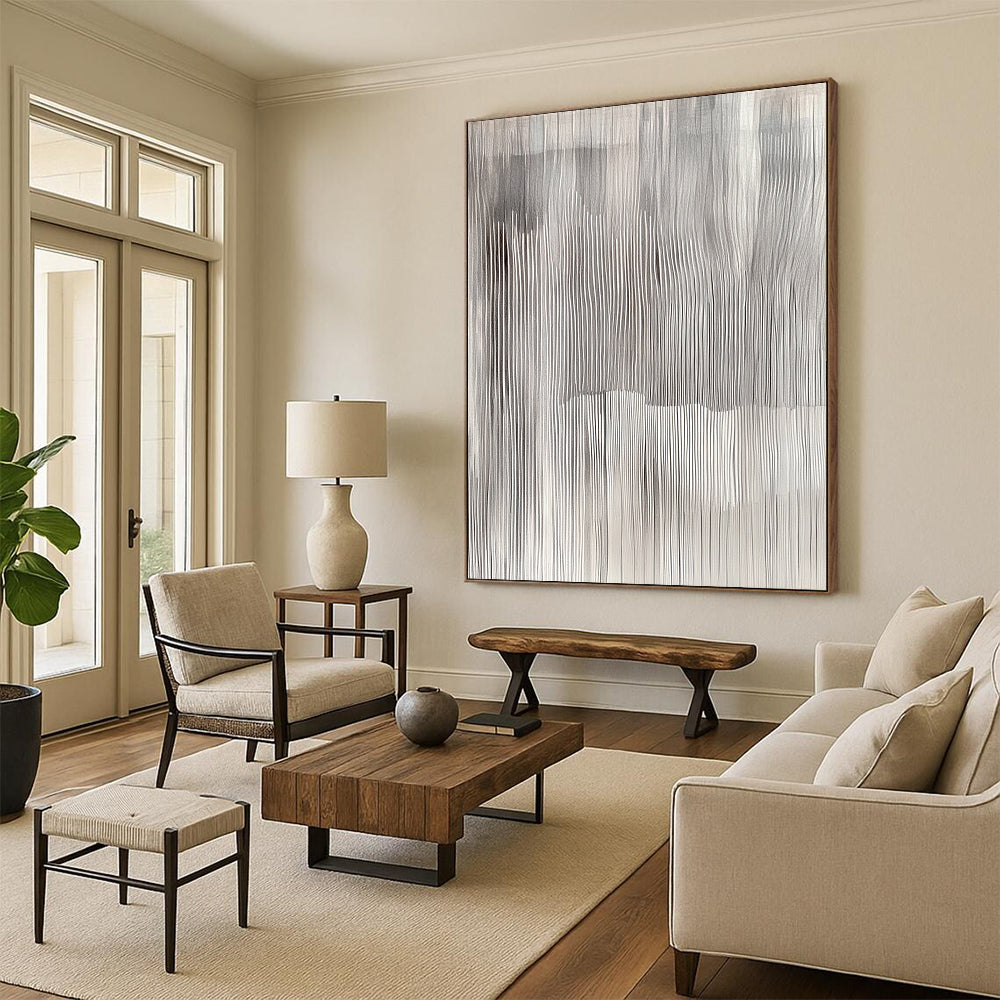 Contemporary hand-painted abstract art featuring undulating grey and white vertical stripes, evoking tranquility and capturing nature's beauty through textured geometric patterns. DLZ0862