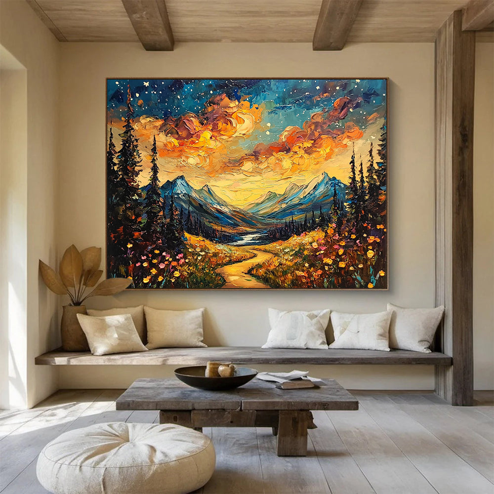 “Starry Mountain Path” - Vivid sunset clouds, colorful wildflowers, Impasto Landscape Painting On Canvas HB0567