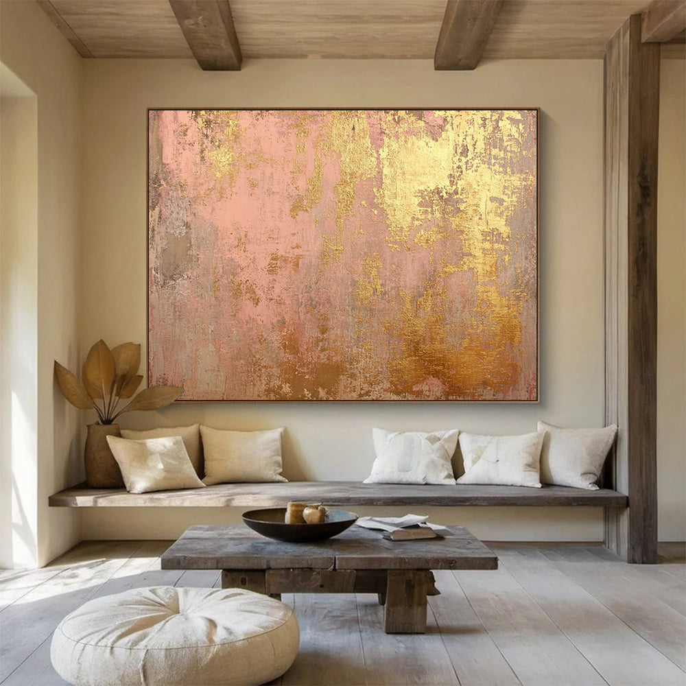 Pink & Gold Textured Background - Shabby - Chic Abstract Oil Painting On Canvas HB0481