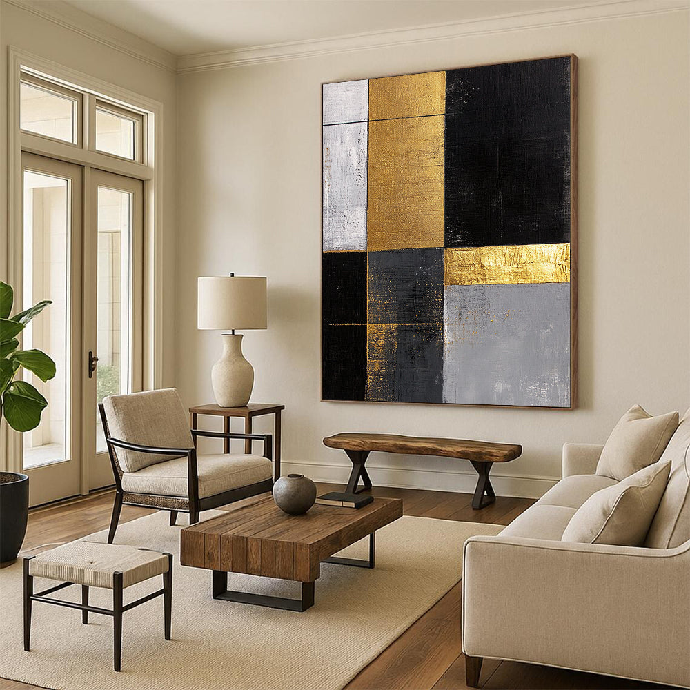 Black, White, Gold, Gray, Patchwork Squares "Gilded Mosaic Tiles" Abstract Minimalist Painting On Canvas HB162