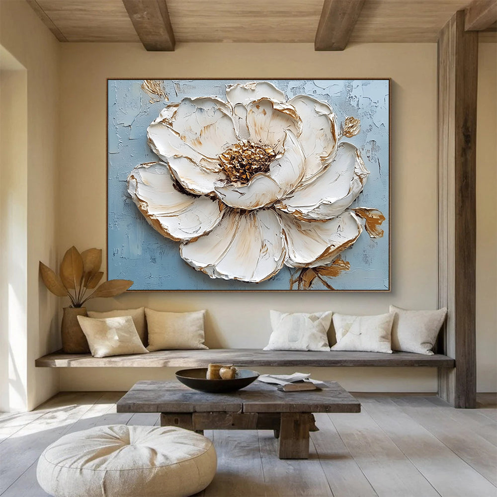 “Textured White Flower with Gold” - White petals, gold accents, blue background, 3D Floral Painting On Canvas HB0598