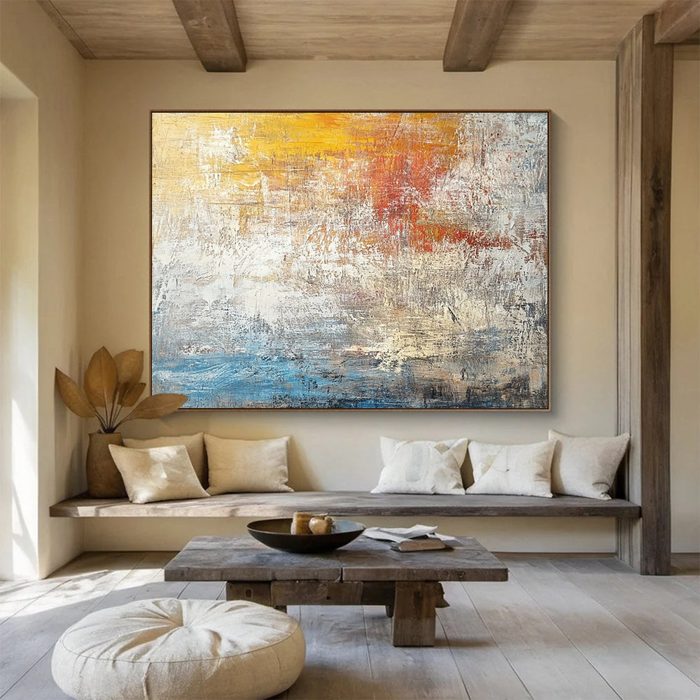 “Sunset Textures” - Yellow, Orange, Red, Blue, Layered Abstract Sunset Painting On Canvas HB1047