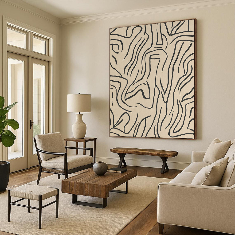 Contemporary abstract artwork featuring beige lines and shapes on a grey background, inspired by Matisse in elegant black ink. DLZ1072