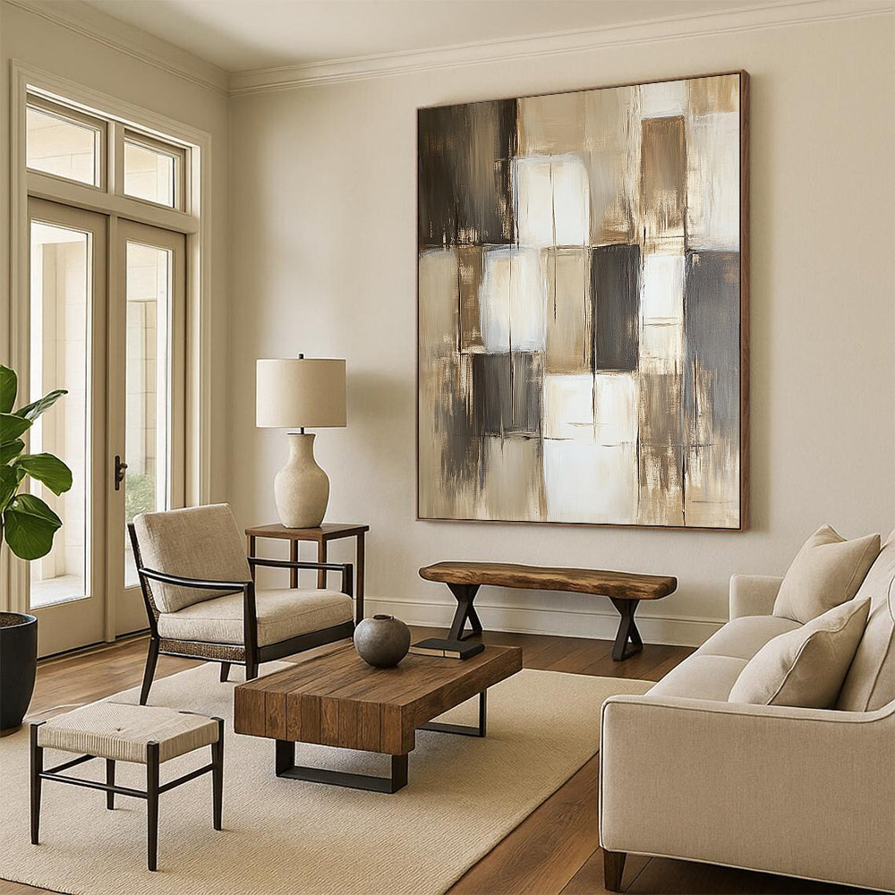 Contemporary hand-painted abstract art featuring neutral shades of beige gray and brown with varying paint block sizes and textures. DLZ0611