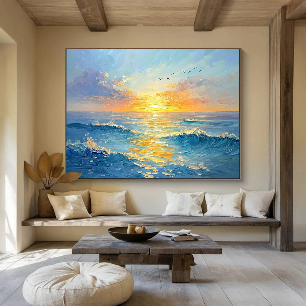 “Sunset Sea Symphony” - Blues, Oranges, Yellows, Seascape with Sunset and Birds - Impasto Oil Painting HB1756