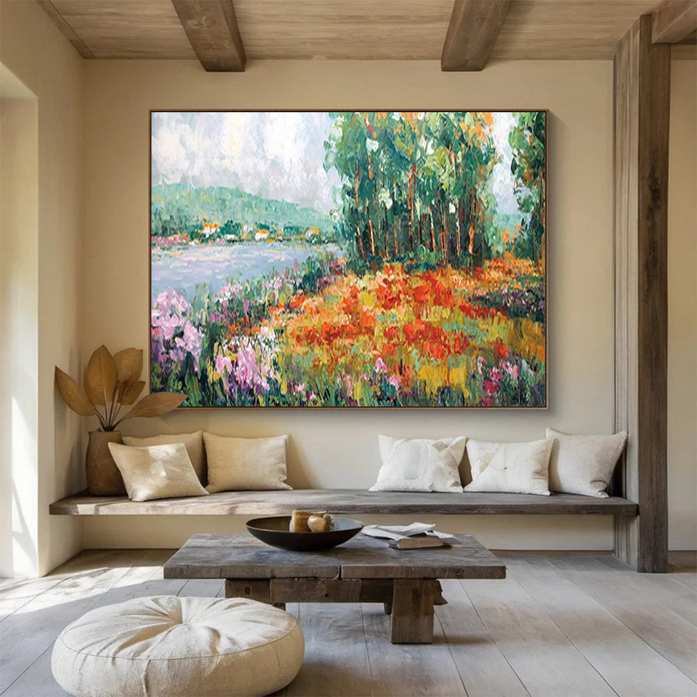 Lakeside Flower Field - Cheerful Living Room or Bedroom Art DLZ228