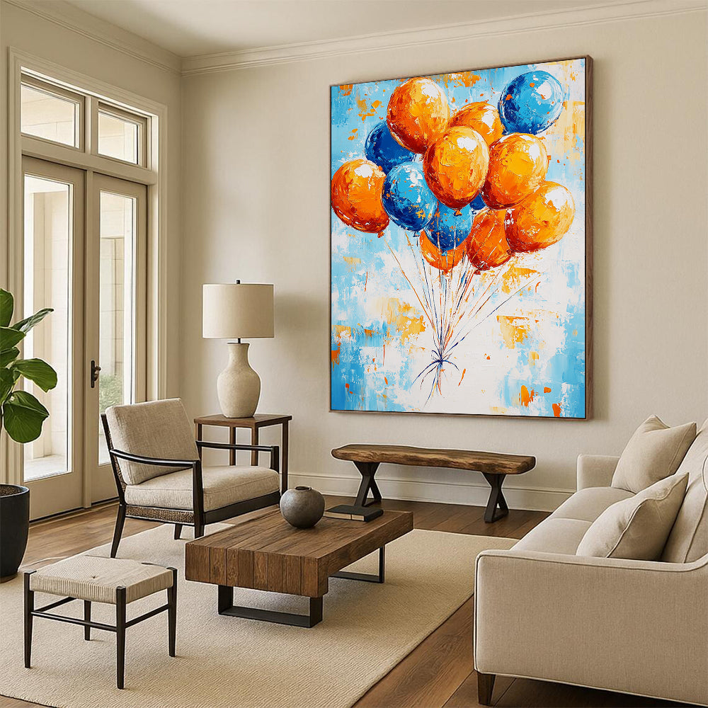 Contemporary abstract painting featuring vibrant orange and blue balloons floating against a bright sky evoking a joyful celebration in dynamic brush strokes. DLZ1411