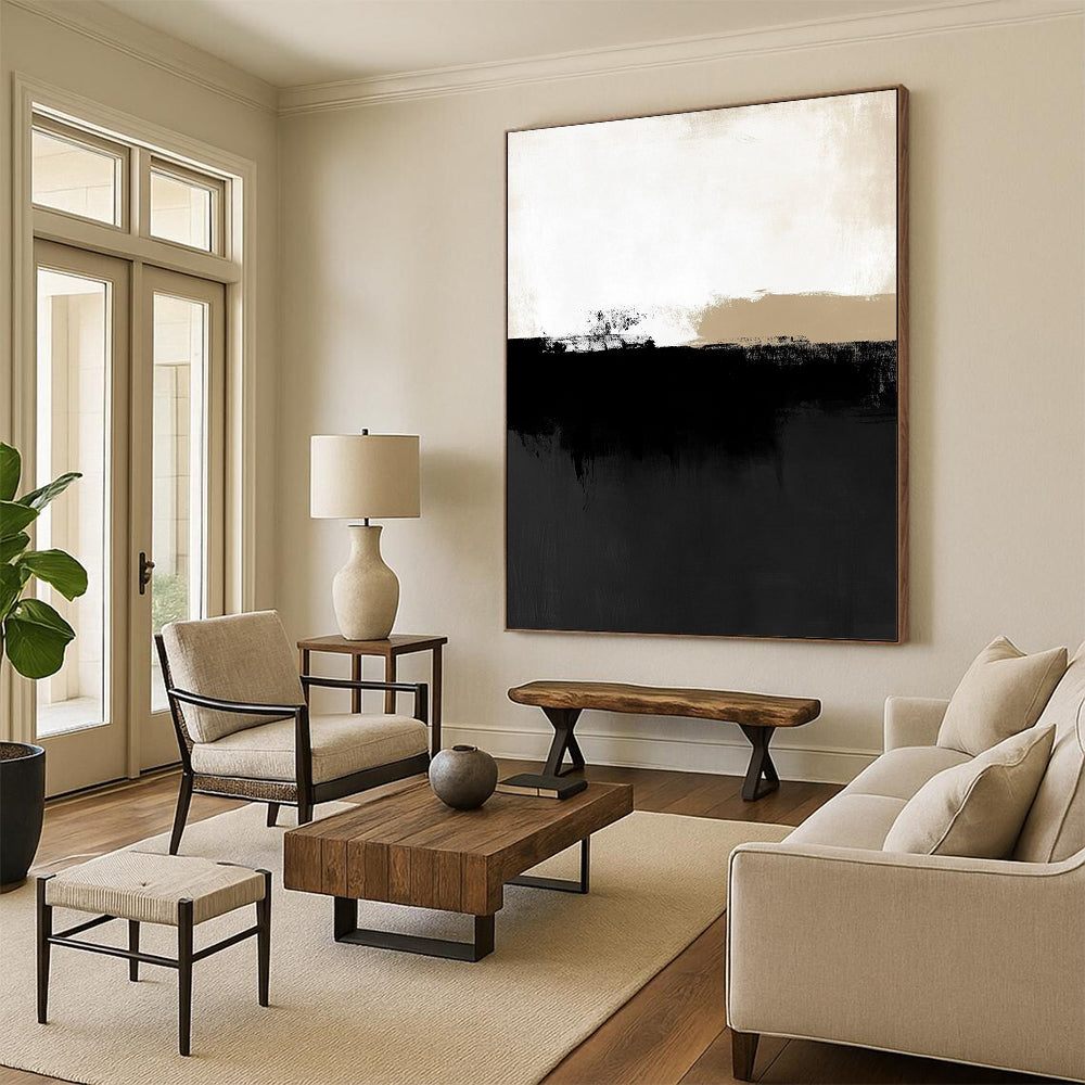 Contemporary abstract art features a minimalist black and white landscape with subtle shapes, showcasing neutral tones and low contrast. DLZ1612