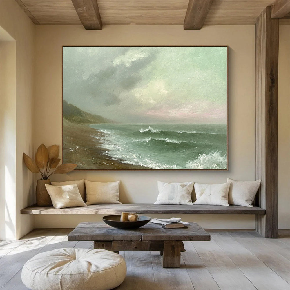 Green, Gray, Brown and White Misty Seaside "Moody Shore" Painting On Canvas HB0668