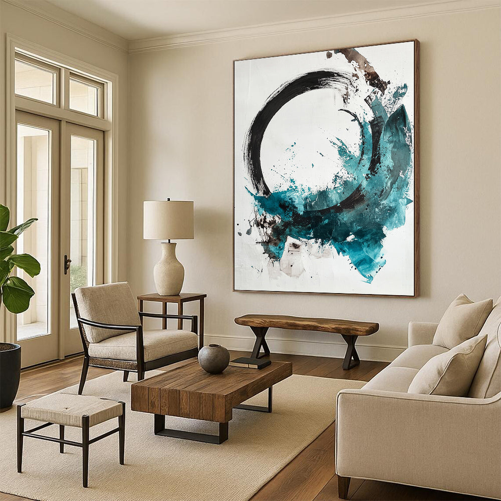 Black, White, Teal, Brown, Splattered Circle "Colorful Enso" Abstract Expressionist Painting On Canvas HB094