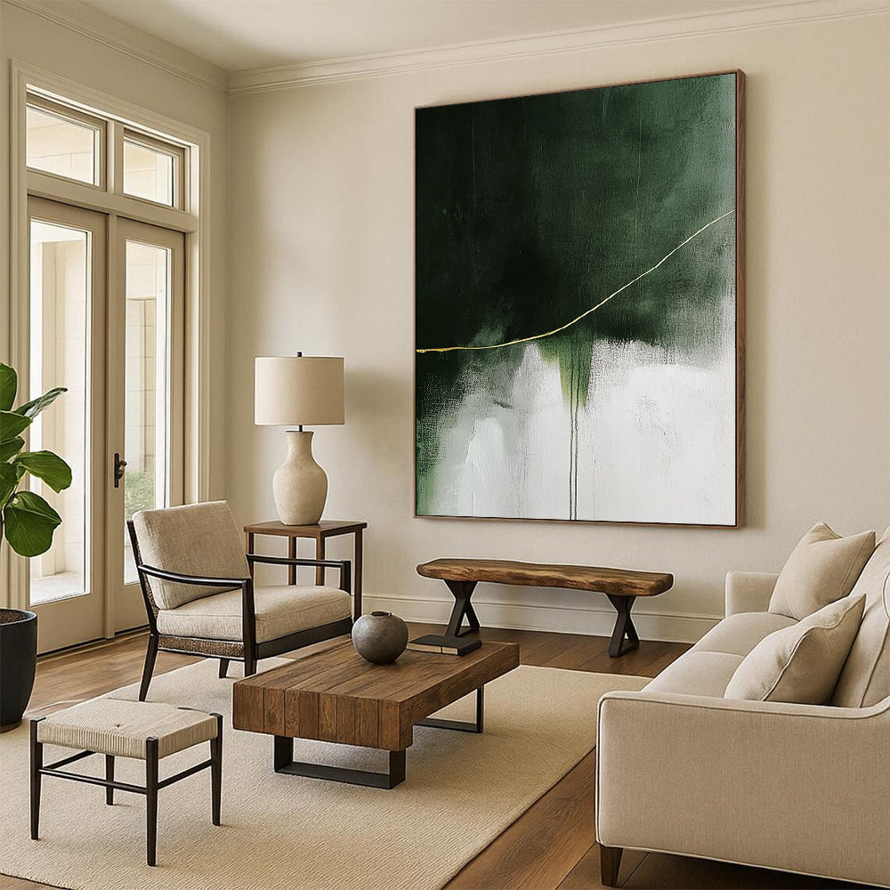 Contemporary abstract painting featuring a striking yellow line on a textured white and green background enhancing depth and visual impact. DLZ0847