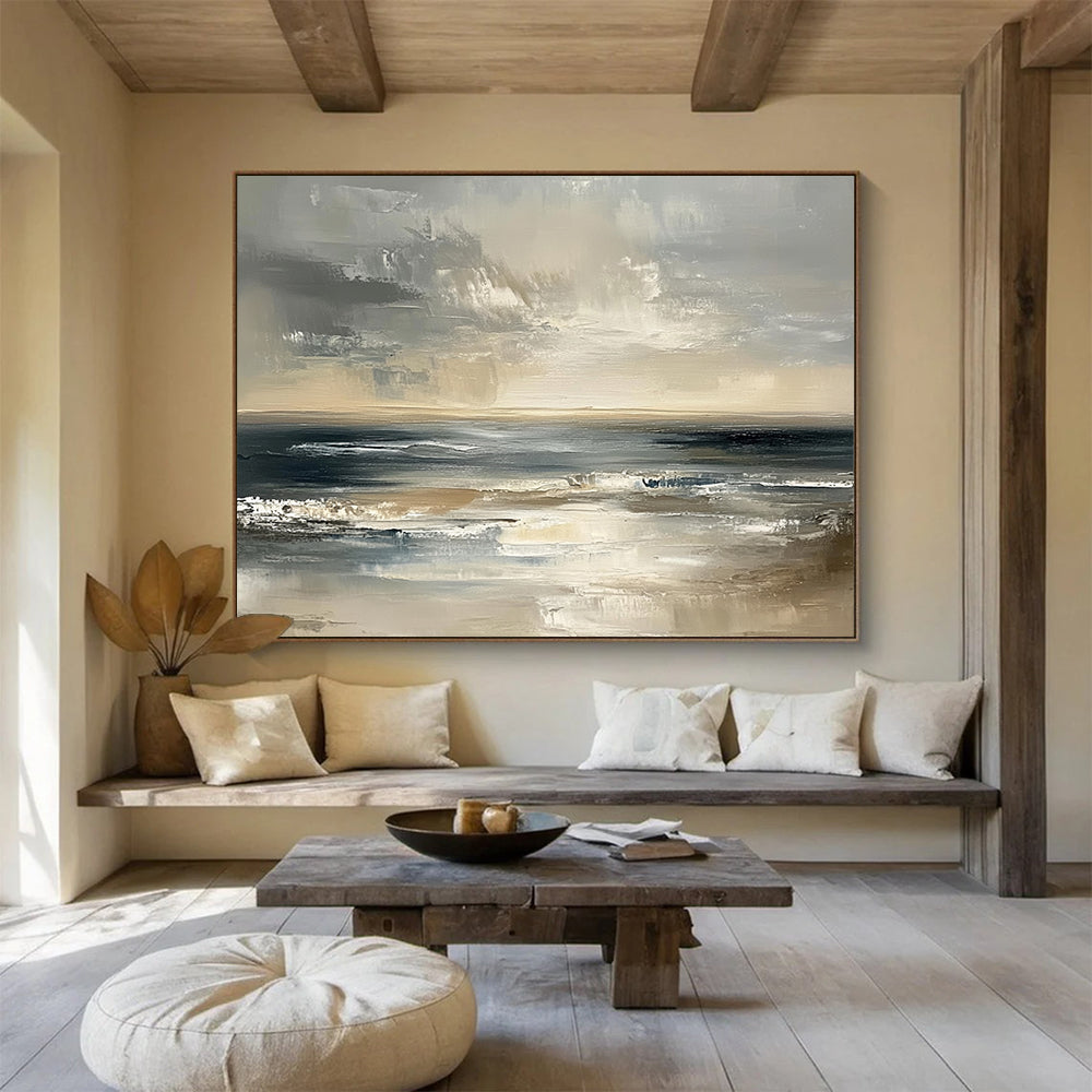 “Moody Ocean Horizon” - Greys, Browns, Blues, Dramatic Ocean - Impasto Oil Painting HB1603