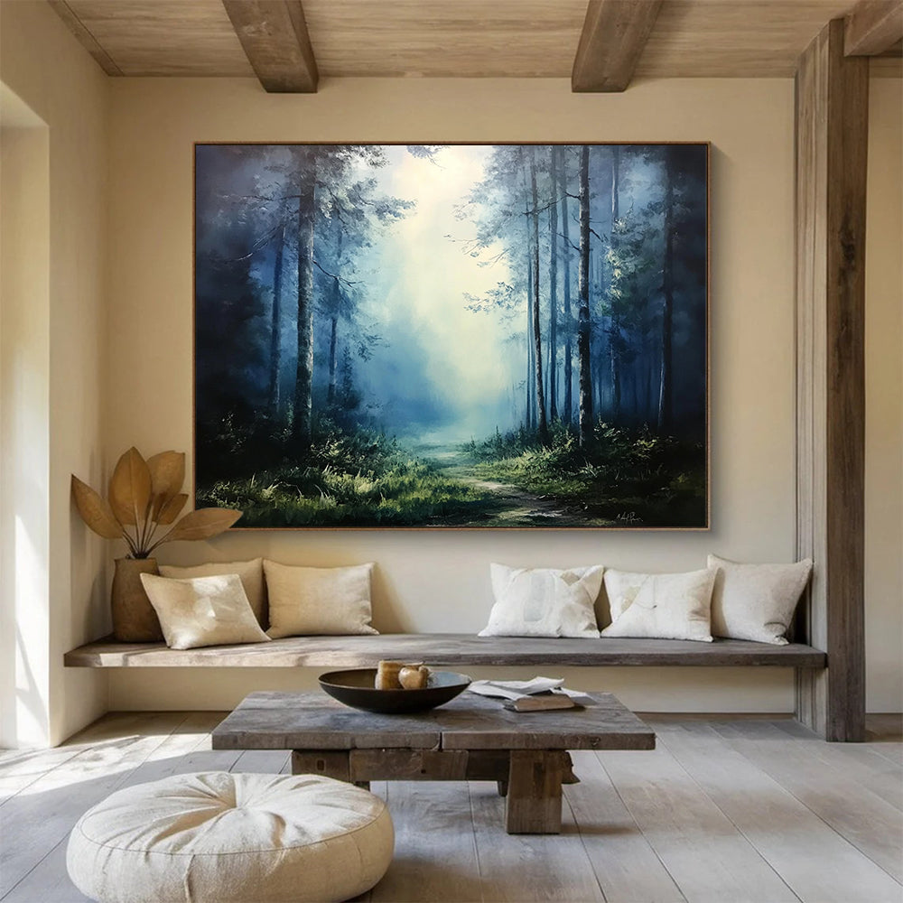 “Mystic Forest Path” - Deep Blues, Greens, Hints of Light, Forest Path in Mist - Atmospheric Oil Painting HB1690