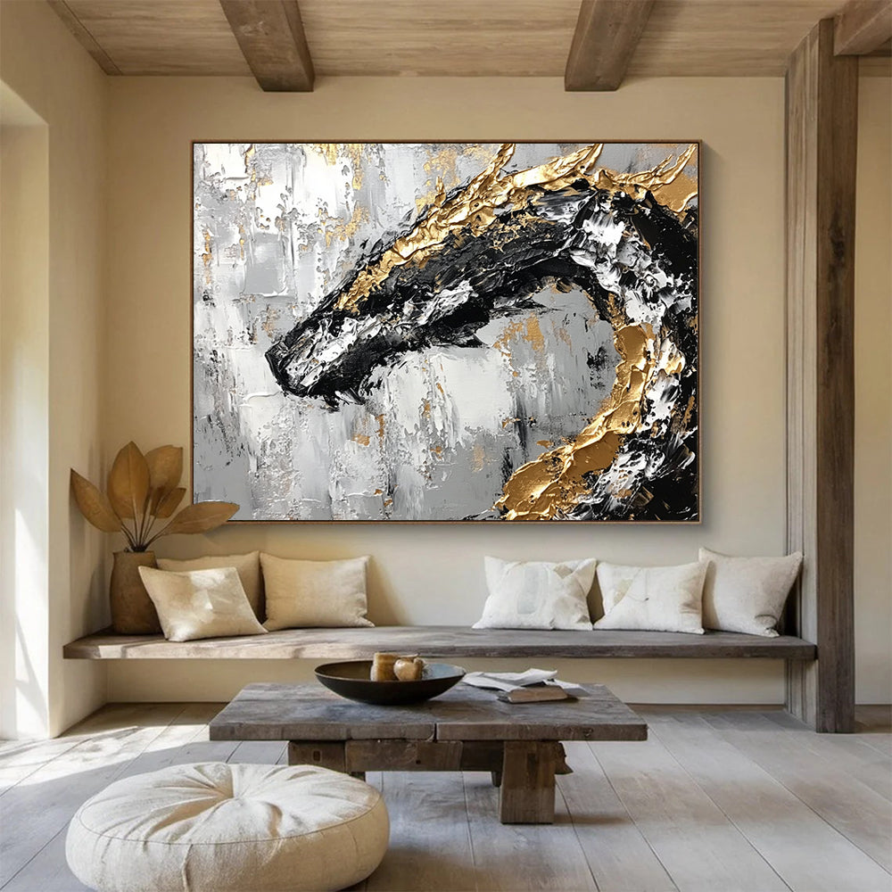 “Golden Dragon on Textured Gray” - Gray, Gold, Black, White, Abstract Textured Dragon Painting On Canvas HB1093