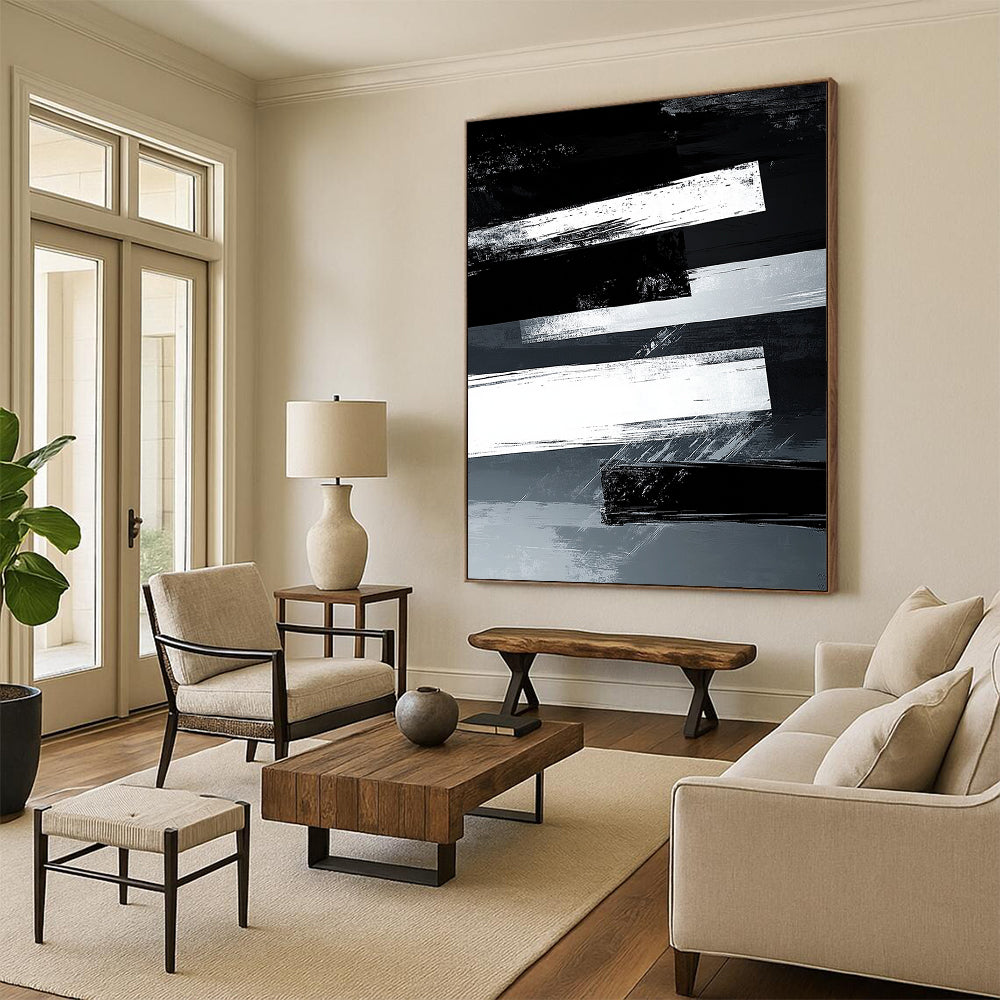 Black and White Striped "Industrial Stripes" Painting On Canvas HB310