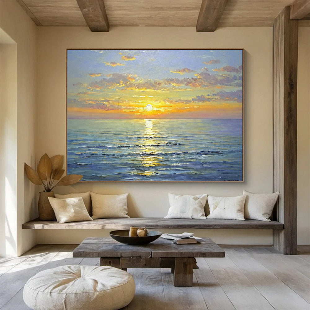 “Sunny Sea Sunset” - Bright Yellows, Oranges, Pinks, Blues, Colorful Ocean Sunset - Oil Painting HB1610