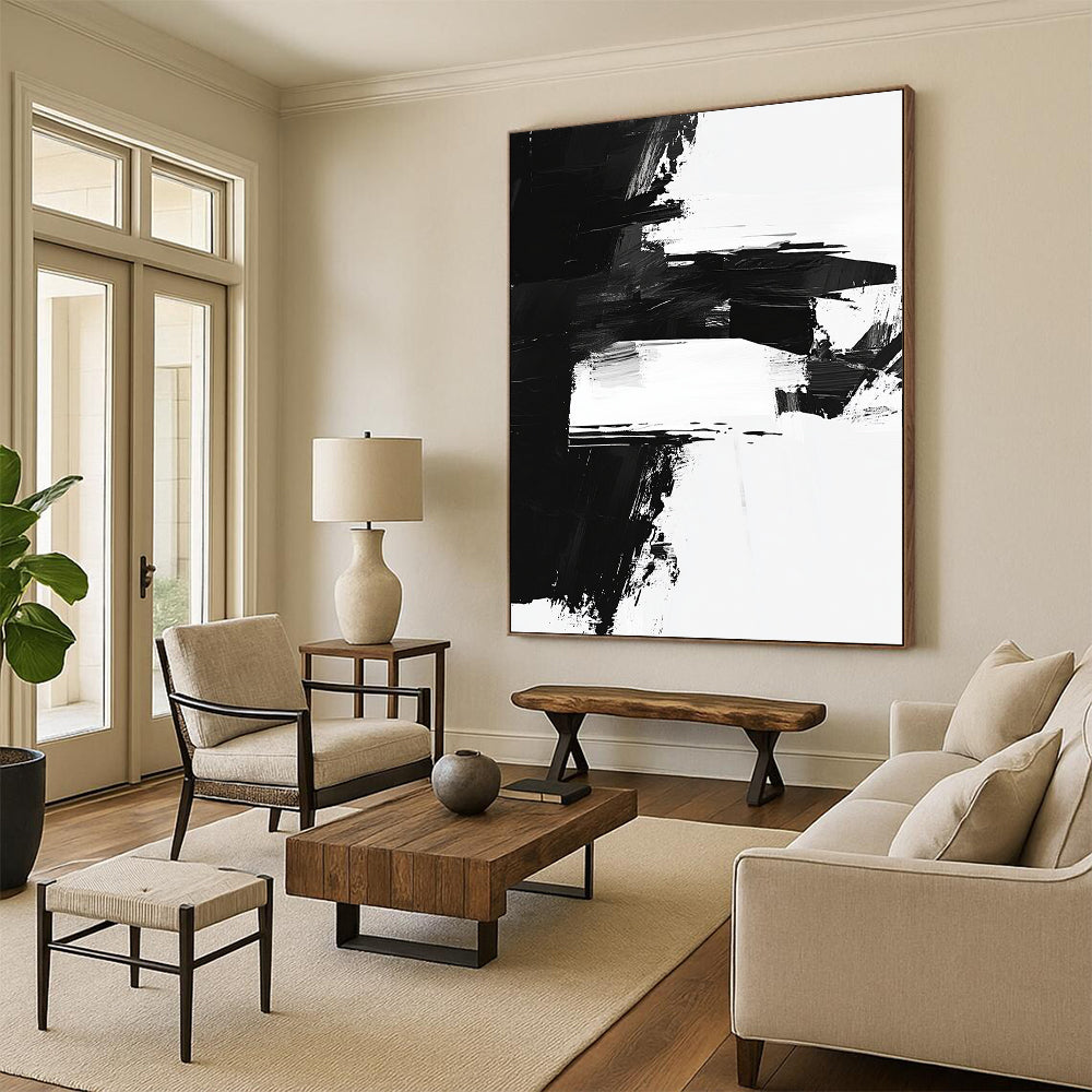 Black and White Abstract Blocks "Geometric Contrast" Painting On Canvas HB312