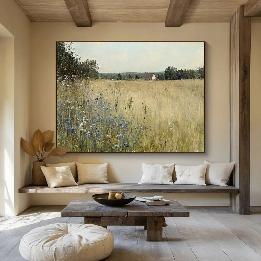 “Rustic Field with Cottage” - Serene field of gold with blue flowers and a distant cottage, Realist Landscape Painting On Canvas HB0544