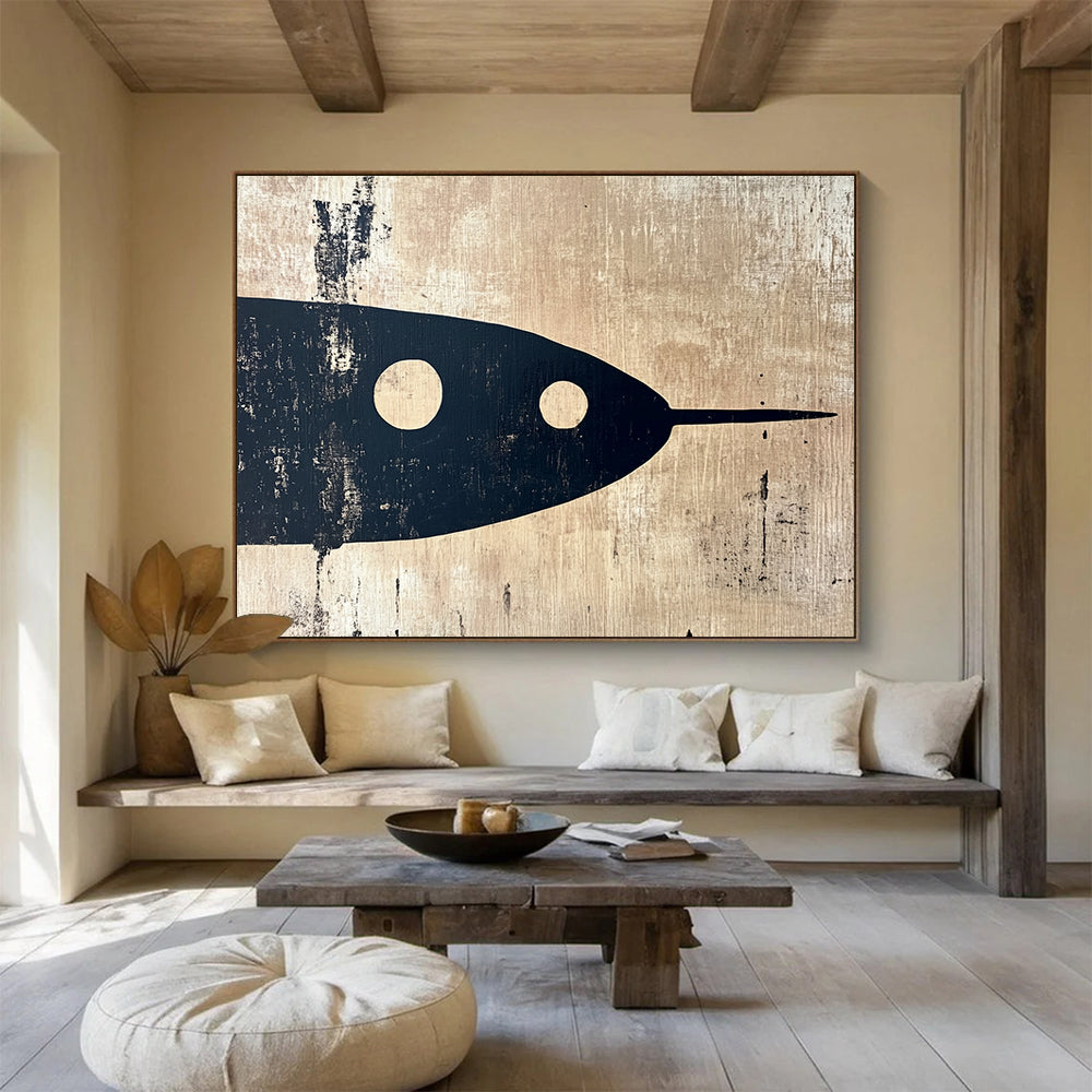 “Black Fish on Beige” - Black, beige, fish silhouette, Minimalist Mixed - Media Painting HB0616