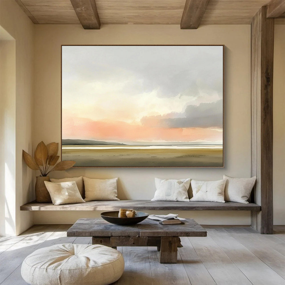 “Pastel Sunset Landscape” - Pink, Orange, Gray, Brown, Hazy Sunset Over a Plain - Watercolor Painting HB1775