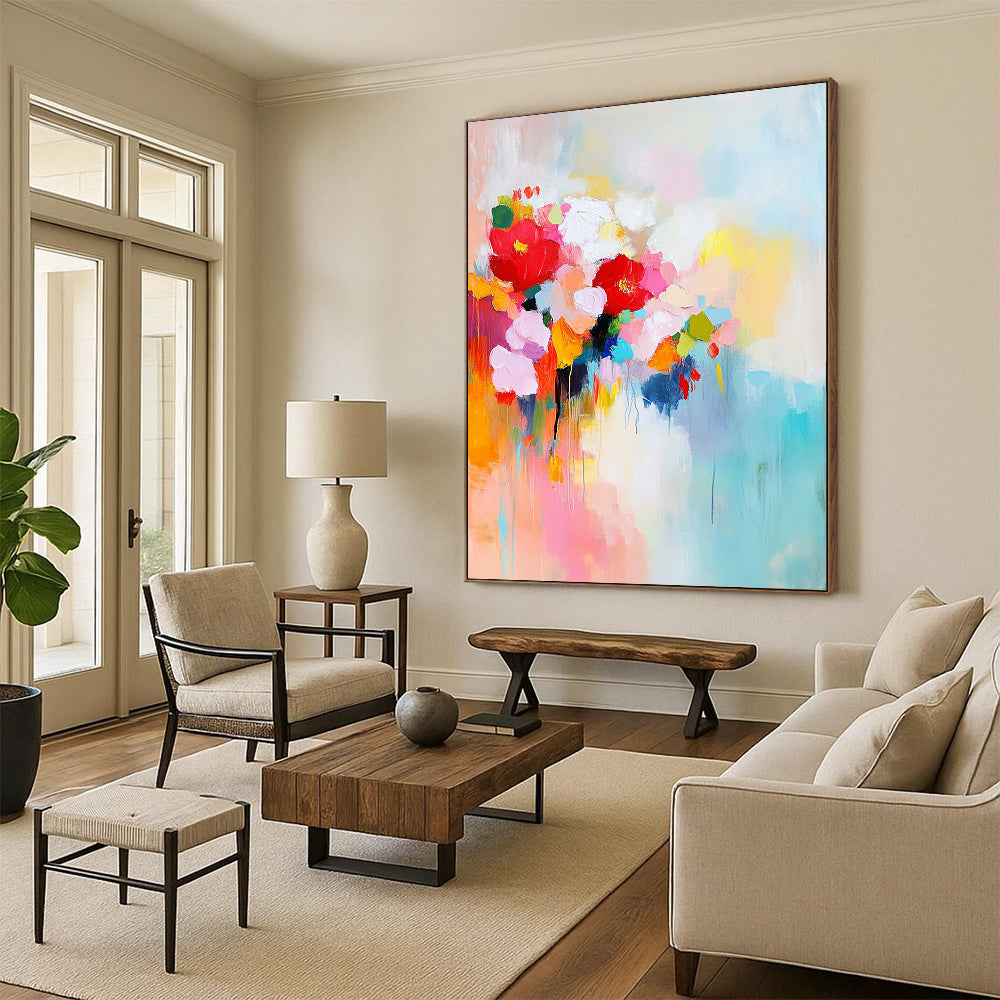 Contemporary abstract painting featuring vibrant colors large brush strokes and serene elements conveying a sense of harmony and joy with a central space for text. DLZ0733