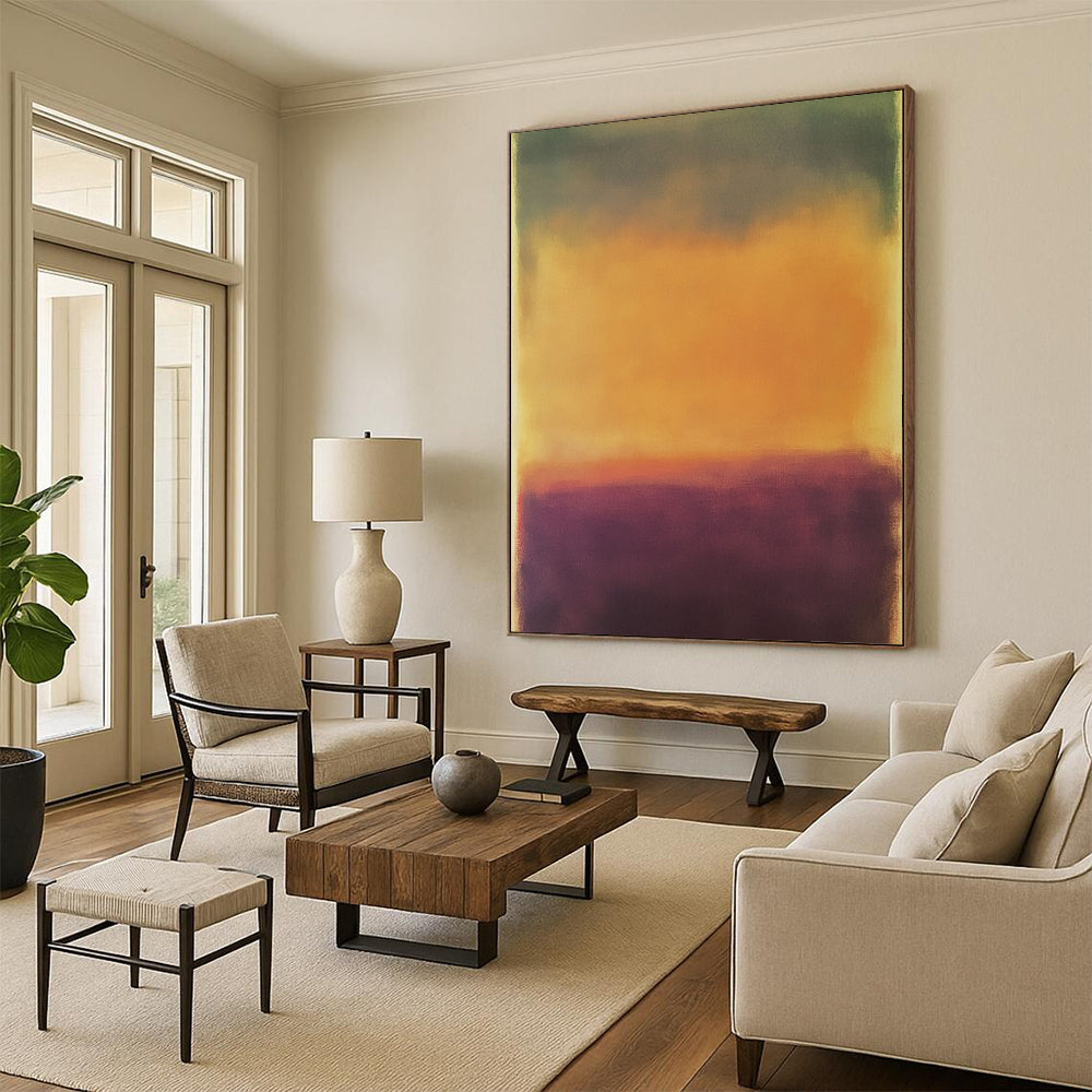 Contemporary hand-painted abstract artwork featuring a serene blurred landscape in earthy tones with a calming purple and vibrant yellow-orange sky. DLZ1389