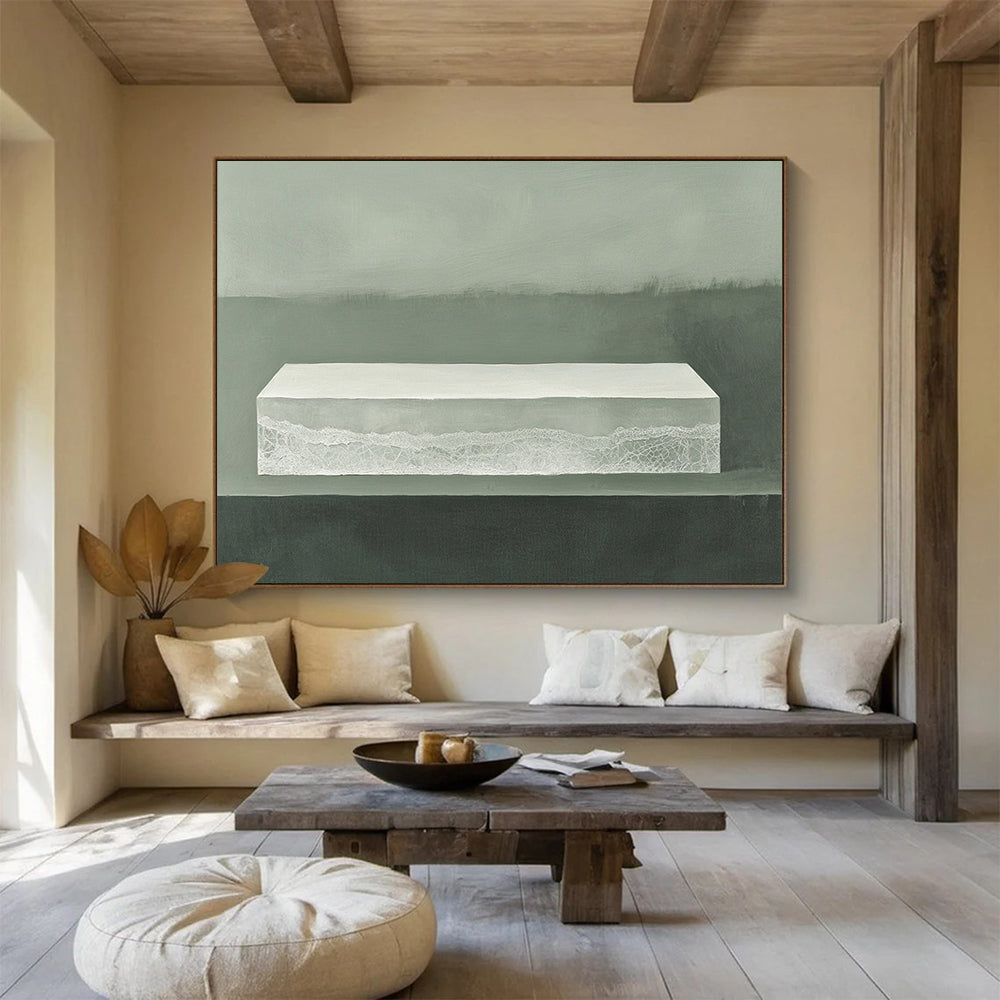 “Minimalist White Box with Lace” - White, Gray, Textured, Still Life Painting On Canvas HB0773
